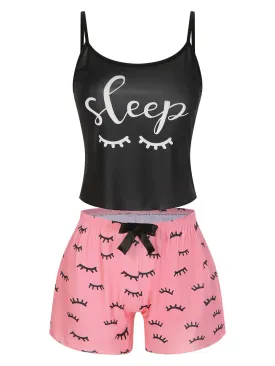 1970s Spaghetti Strap Eyelash Print Sleepwear Pajamas