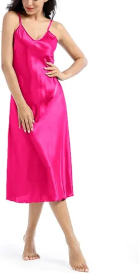 ALCEA ROSEA Women's V Neck Long Satin Slip Dress Adjustable Spaghetti Strap Midi Dress Silky Gown Nightdress Sleepwear AR3830