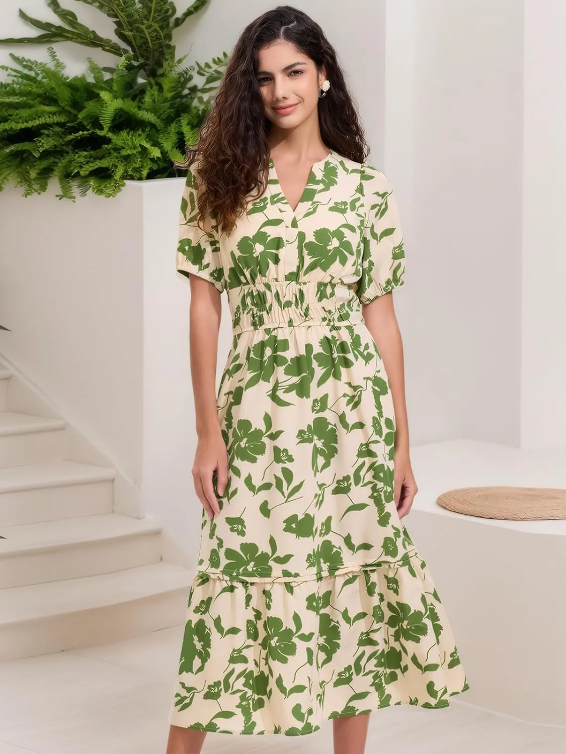 ALLOVIN Womens 2025 Floral Summer Midi Dress with Pockets - V-Neck A-Line Short Sleeve Smocked Waist, Ruffle Tiered Dress