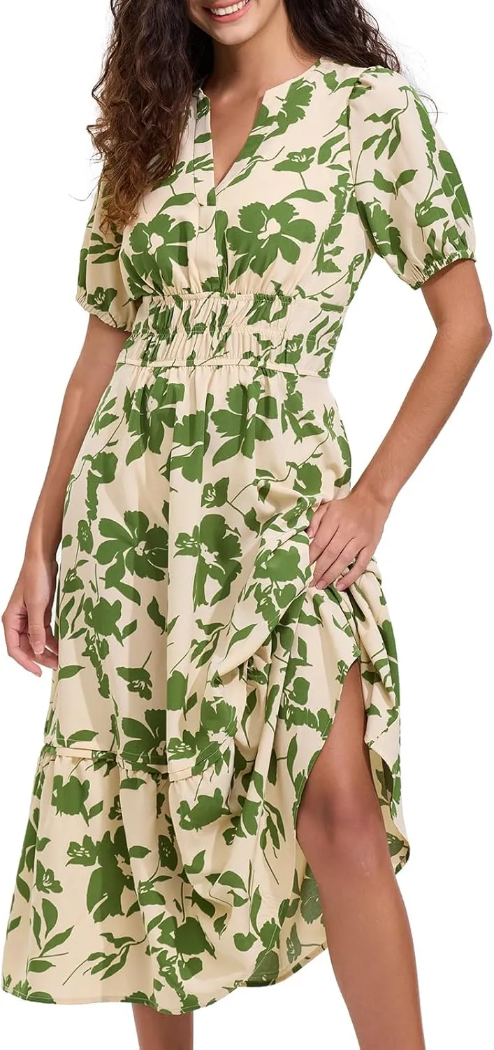 ALLOVIN Womens 2025 Floral Summer Midi Dress with Pockets - V-Neck A-Line Short Sleeve Smocked Waist, Ruffle Tiered Dress