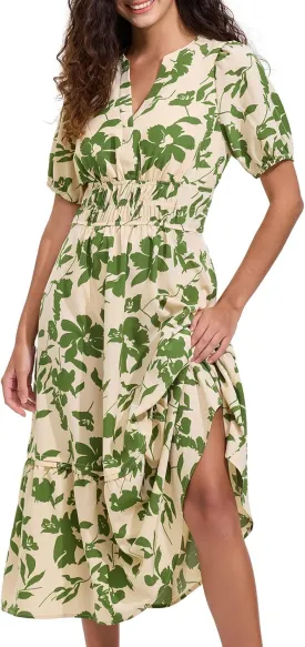 ALLOVIN Womens 2025 Floral Summer Midi Dress with Pockets - V-Neck A-Line Short Sleeve Smocked Waist, Ruffle Tiered Dress