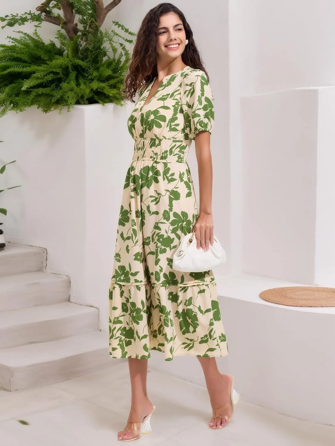 ALLOVIN Womens 2025 Floral Summer Midi Dress with Pockets - V-Neck A-Line Short Sleeve Smocked Waist, Ruffle Tiered Dress