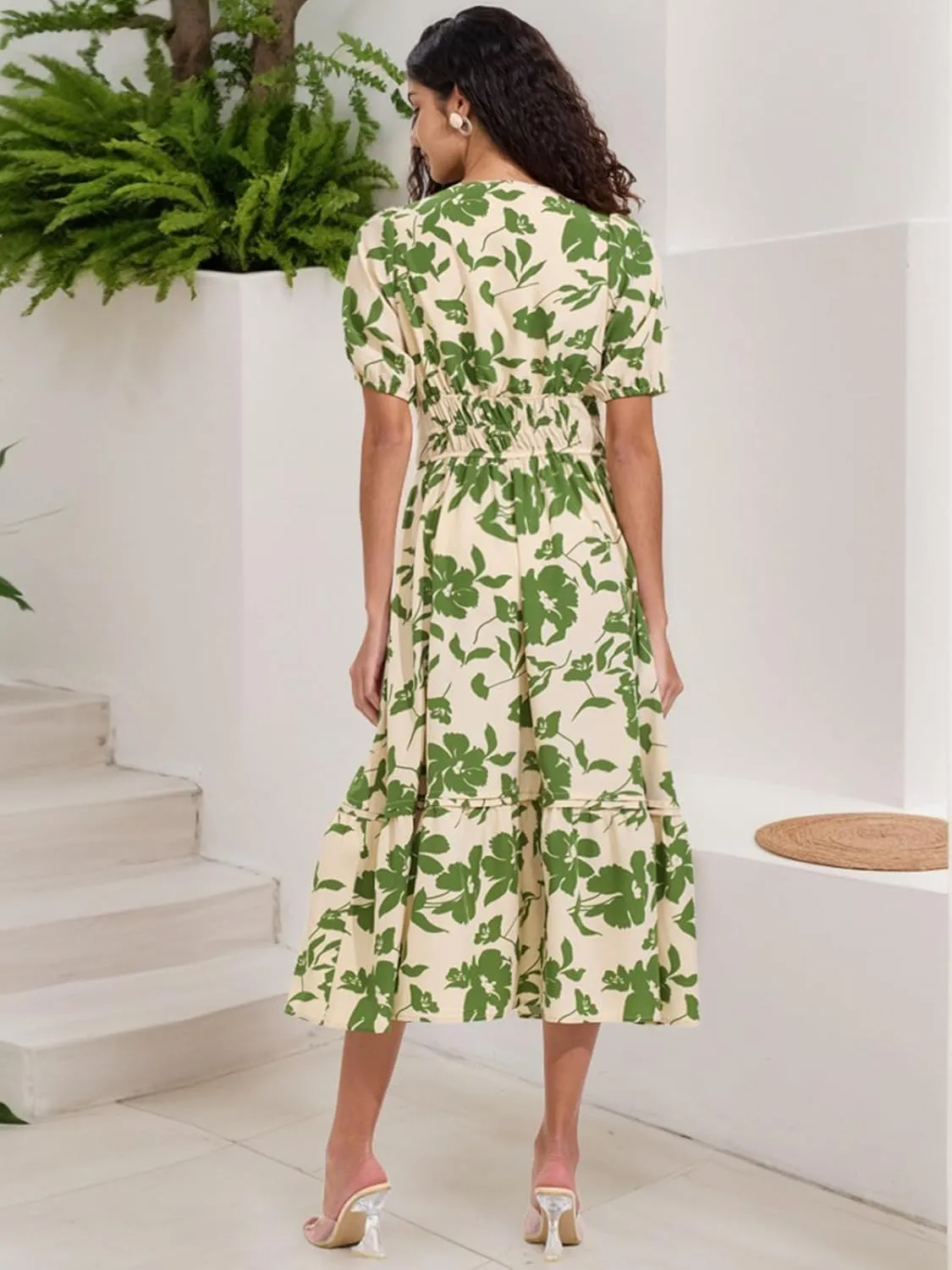 ALLOVIN Womens 2025 Floral Summer Midi Dress with Pockets - V-Neck A-Line Short Sleeve Smocked Waist, Ruffle Tiered Dress