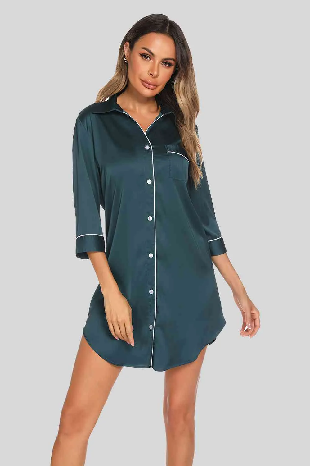 *APP EXCLUSIVE*  Button Up Collared Neck Night Dress with Pocket