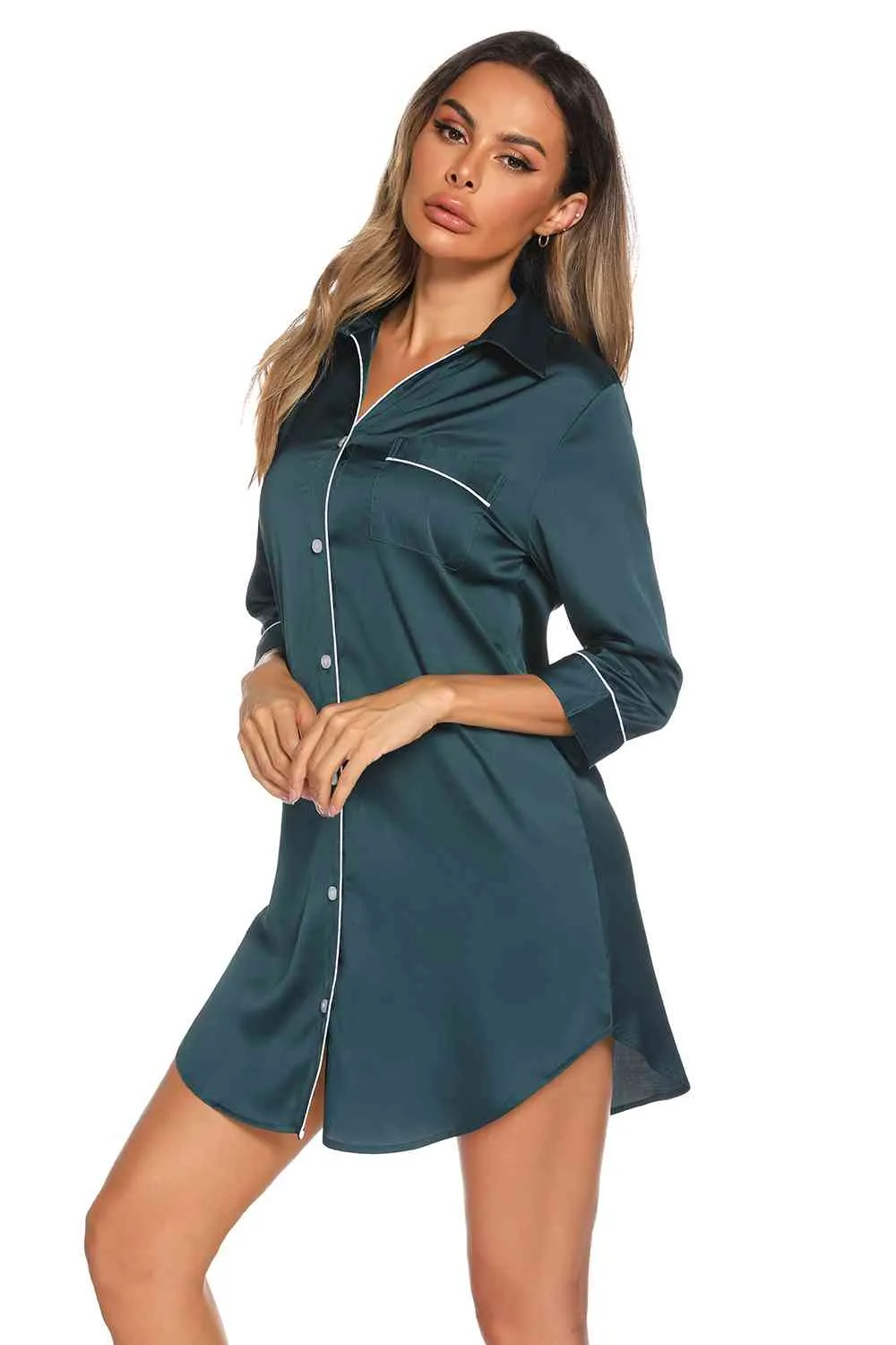 *APP EXCLUSIVE*  Button Up Collared Neck Night Dress with Pocket