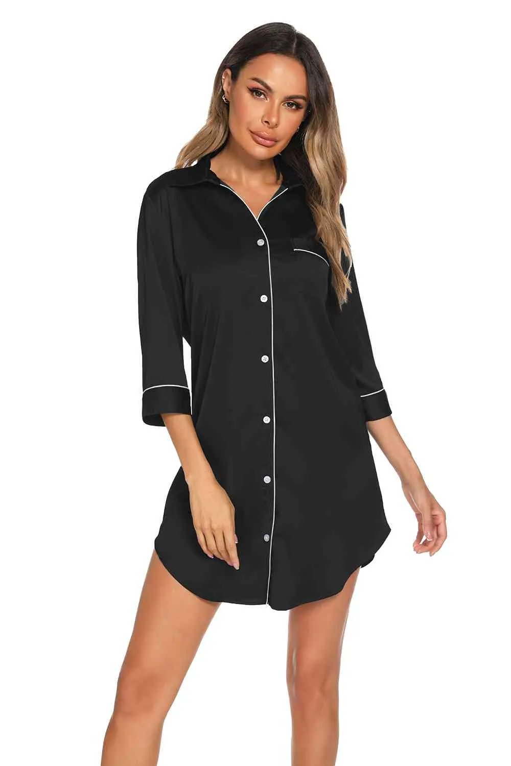 *APP EXCLUSIVE*  Button Up Collared Neck Night Dress with Pocket