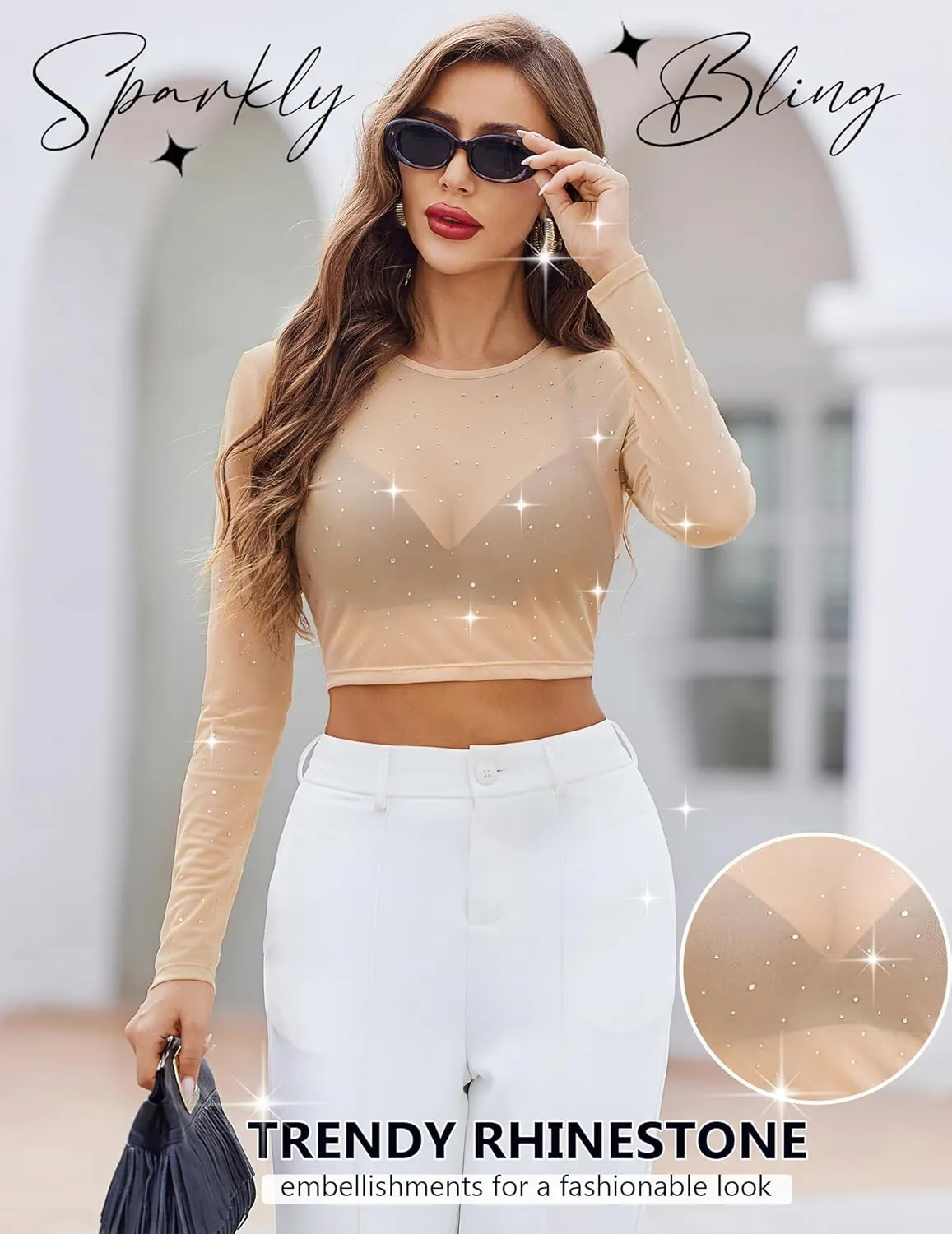 Avidlove Womens Sparkly Rhinestone Mesh Top Long Sleeve Sheer Shirt Crewneck Glitter Tops See Through Crop Top