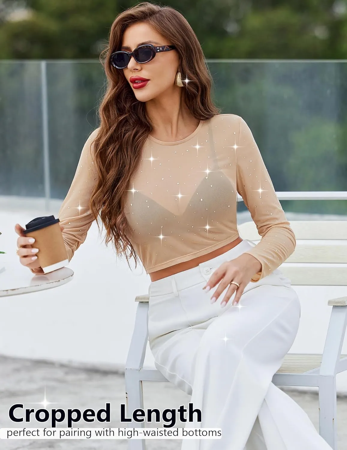 Avidlove Womens Sparkly Rhinestone Mesh Top Long Sleeve Sheer Shirt Crewneck Glitter Tops See Through Crop Top