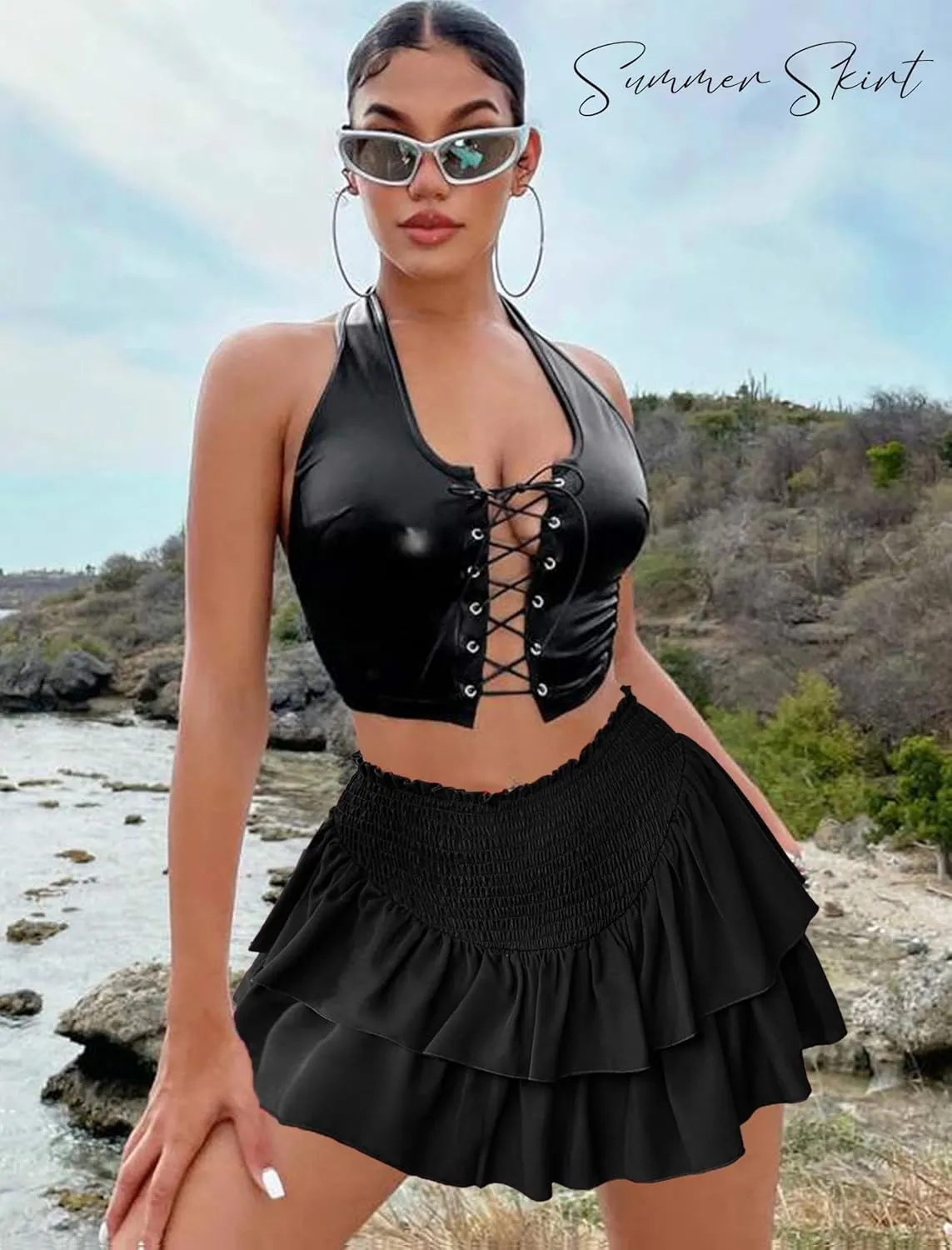 Avidlove Women's Summer High Waist Ruffle Flowy Mini Skirts Casual Boho Layered Pleated Beach Short Skirt