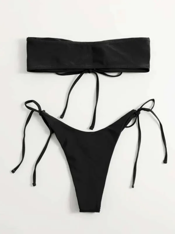 Bandeau Wireless Bra & Tie-Side String Thong 2-Piece Bikini Set