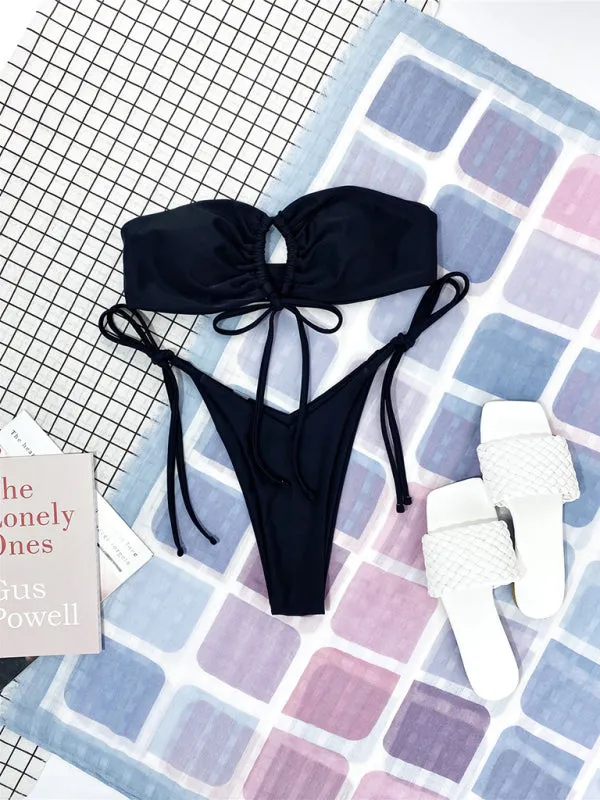 Bandeau Wireless Bra & Tie-Side String Thong 2-Piece Bikini Set