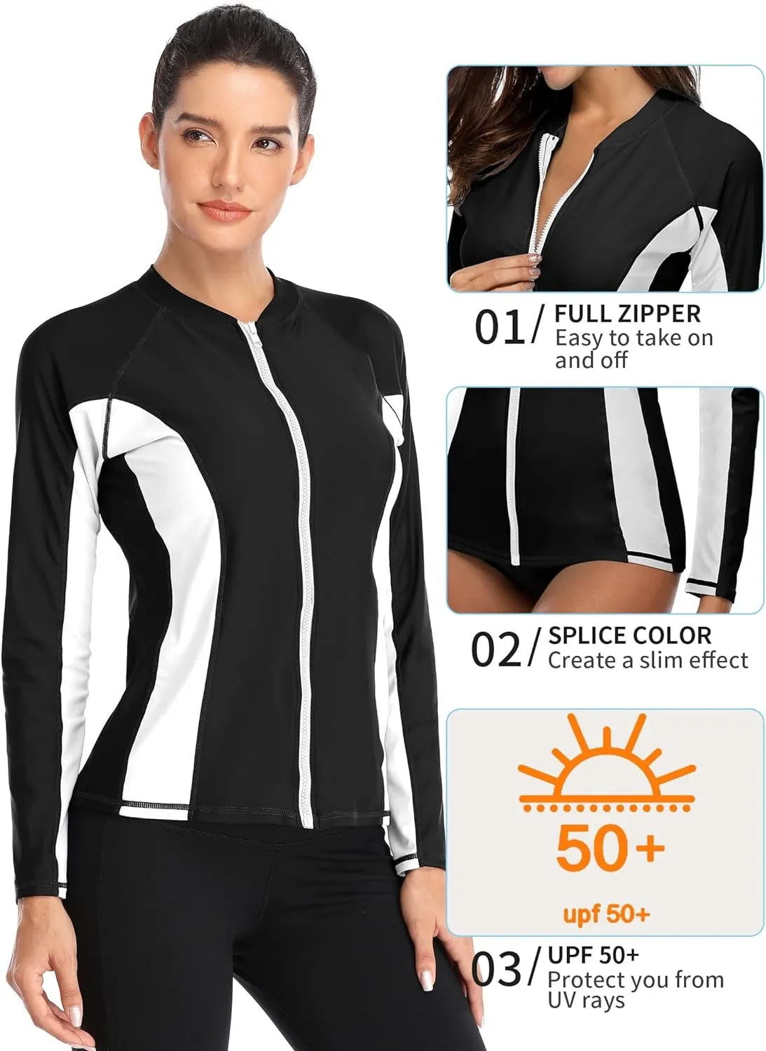 Black and White Color-Block Long Sleeve Swim Shirt UPF50  Rash Guard