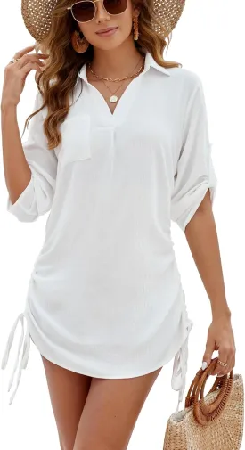 Bluetime Womens Bathing Suit Cover Ups Swimsuit Coverup V Neck 3/4 Sleeve Casual Summer Swimwear Beach Cover Up Dress