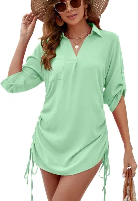 Bluetime Womens Bathing Suit Cover Ups Swimsuit Coverup V Neck 3/4 Sleeve Casual Summer Swimwear Beach Cover Up Dress