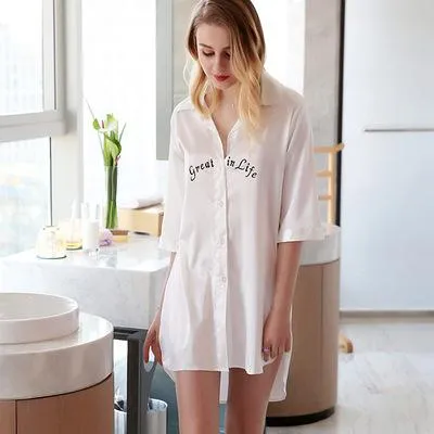 CEARPION Sexy Sleep Tops Boy Style Shirt Pajamas Women Half-Sleeve Sleepwear Satin Silky Femme Loose Nightgown Dressing Gown