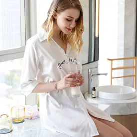 CEARPION Sexy Sleep Tops Boy Style Shirt Pajamas Women Half-Sleeve Sleepwear Satin Silky Femme Loose Nightgown Dressing Gown