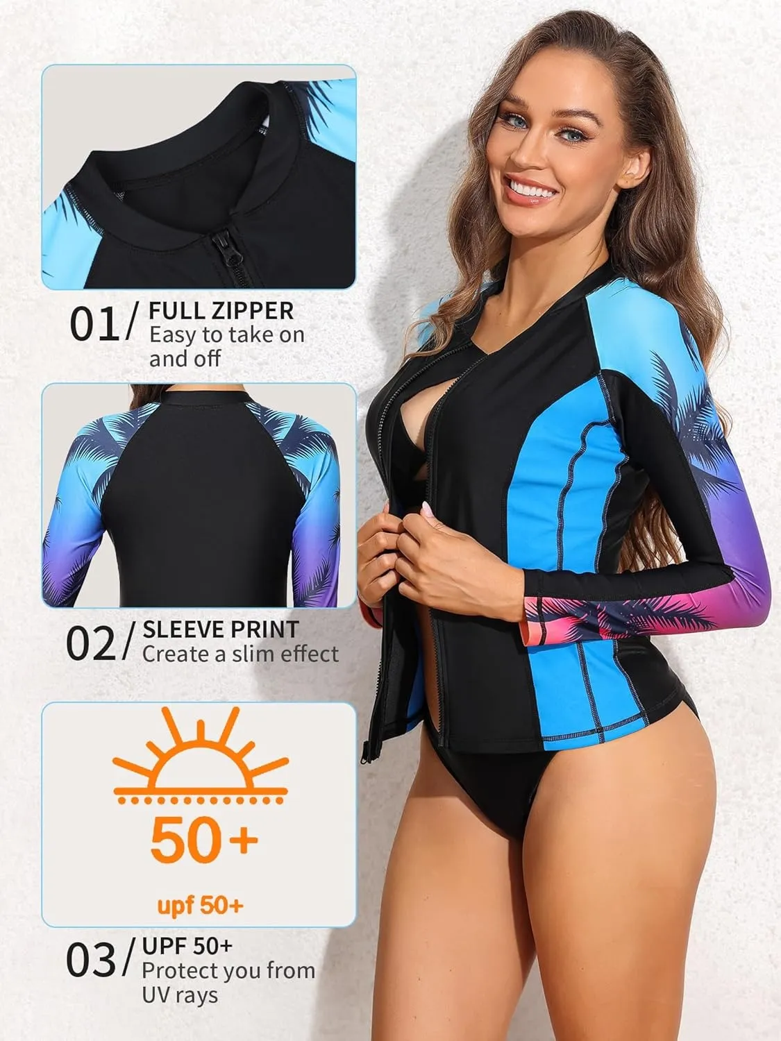 Coconut Tree Print Blue Gradient Long Sleeve Swim Shirt UPF50  Rash Guard