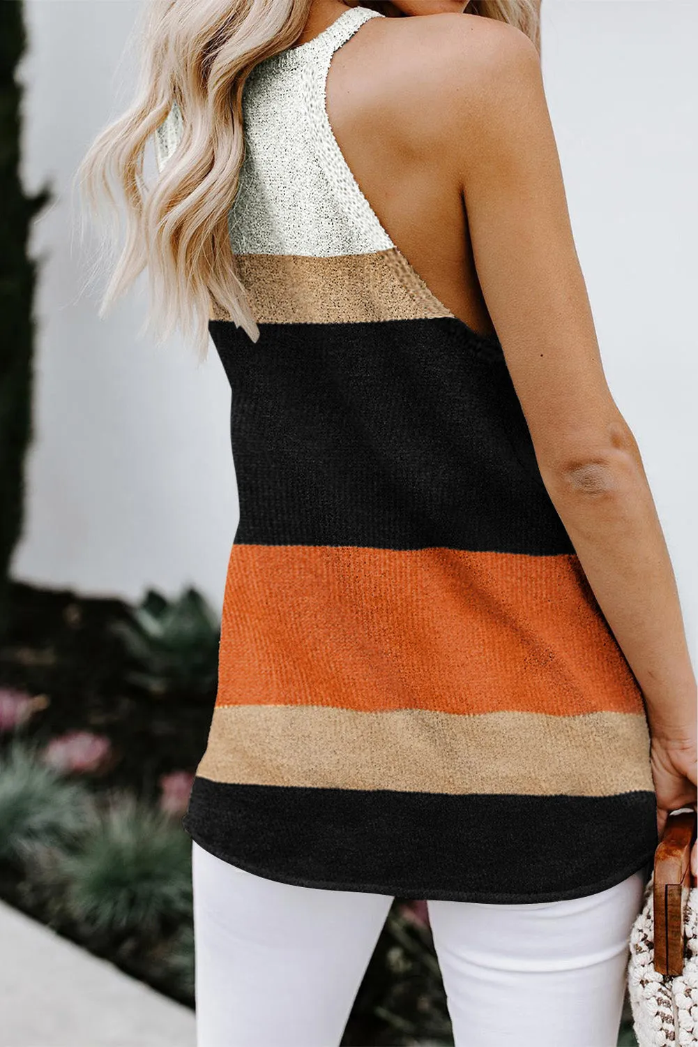 Colorblock Cold Shoulder Sweater Knit Tank Top