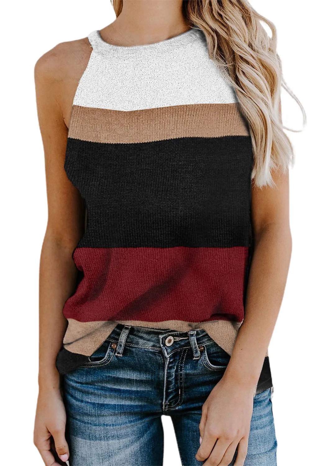 Colorblock Cold Shoulder Sweater Knit Tank Top