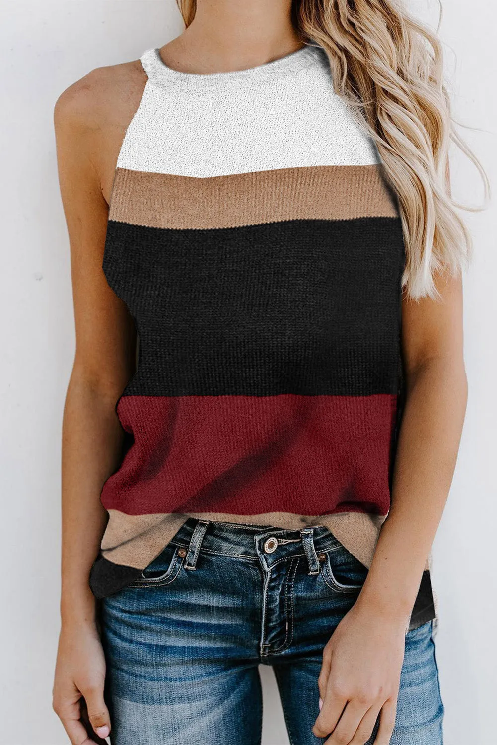 Colorblock Cold Shoulder Sweater Knit Tank Top