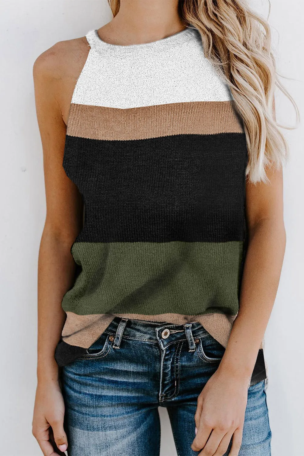 Colorblock Cold Shoulder Sweater Knit Tank Top