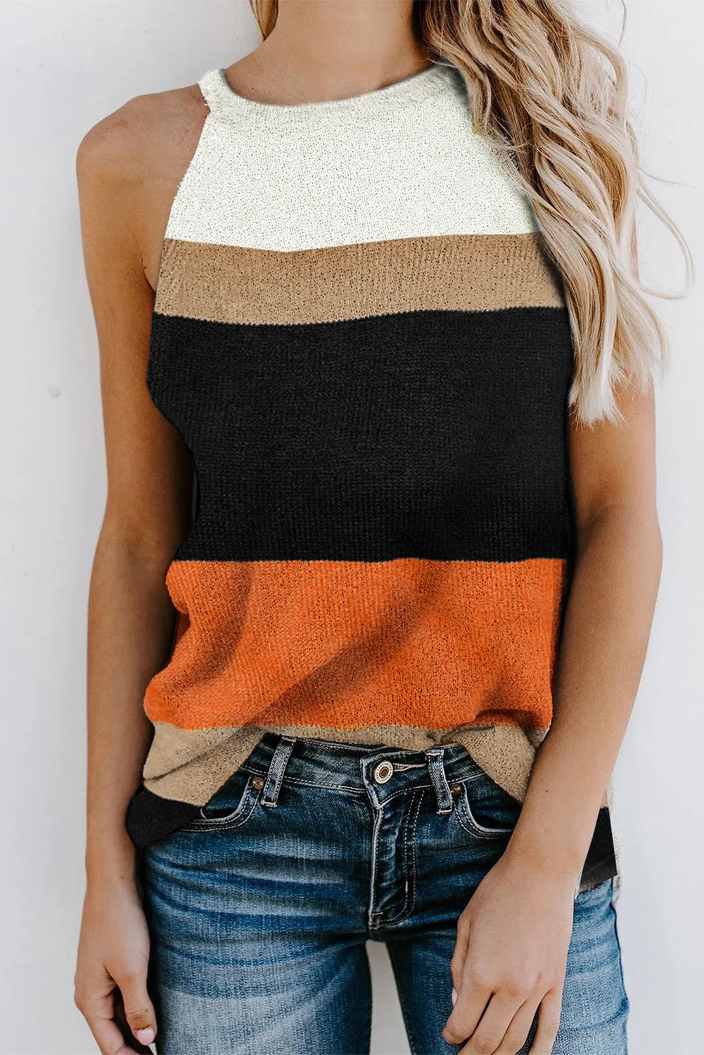 Colorblock Cold Shoulder Sweater Knit Tank Top