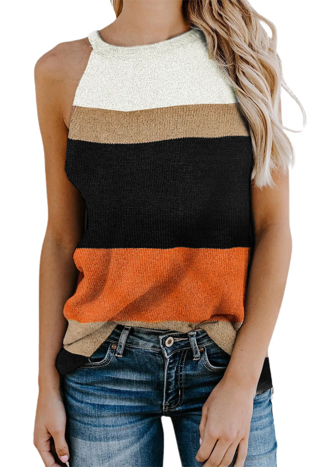 Colorblock Cold Shoulder Sweater Knit Tank Top