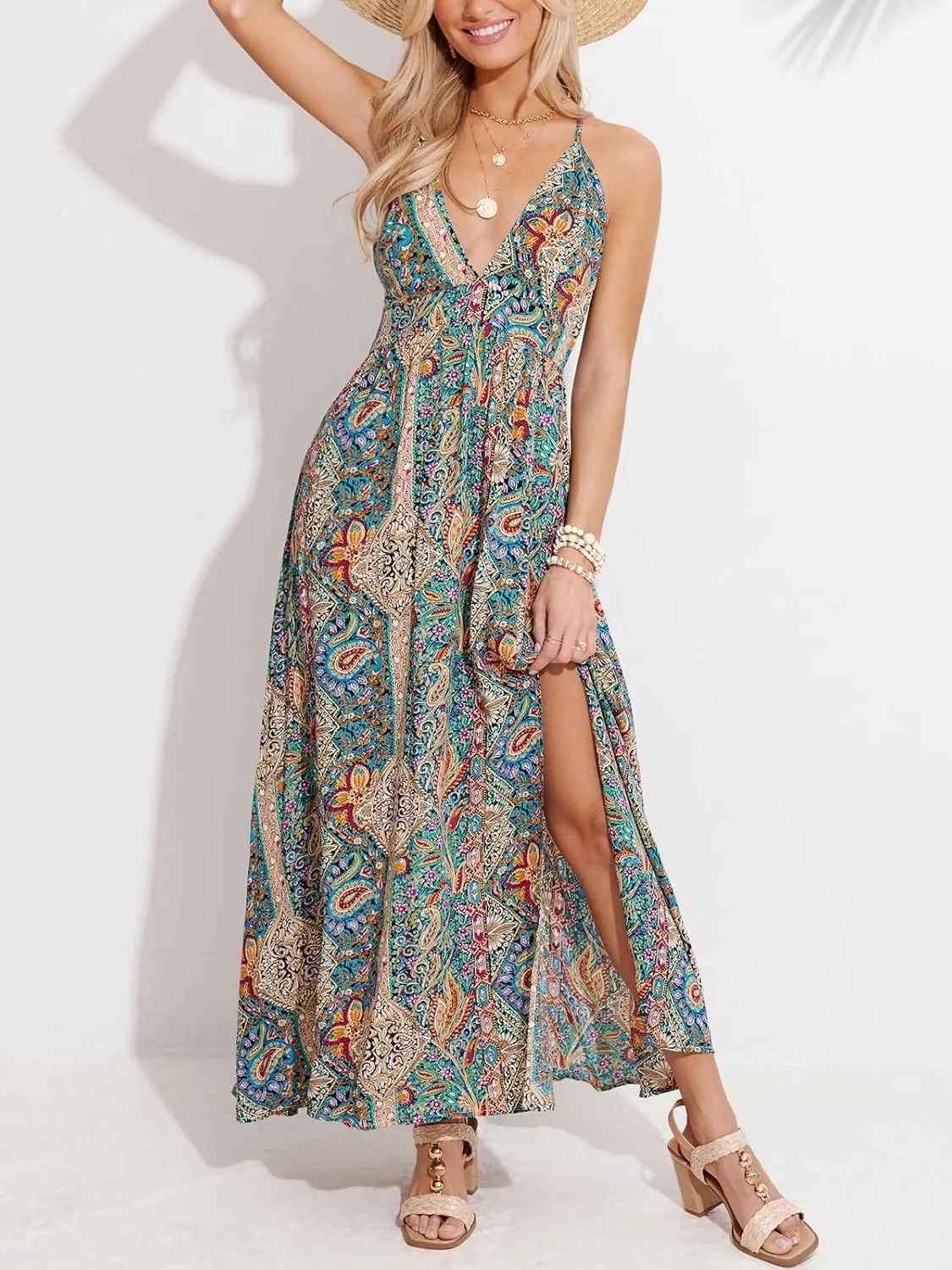 CUPSHE Womens Summer Maxi Dress 2025 Sleeveless Long Sundresses Spaghetti Strap Flowy Boho Beach Vacation Dress