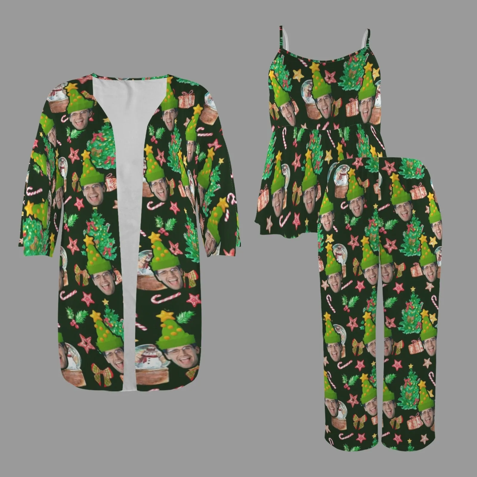 Custom Face Christmas Gift Green Satin Women's Three-Piece Pocket Cami Pajama Robe Set