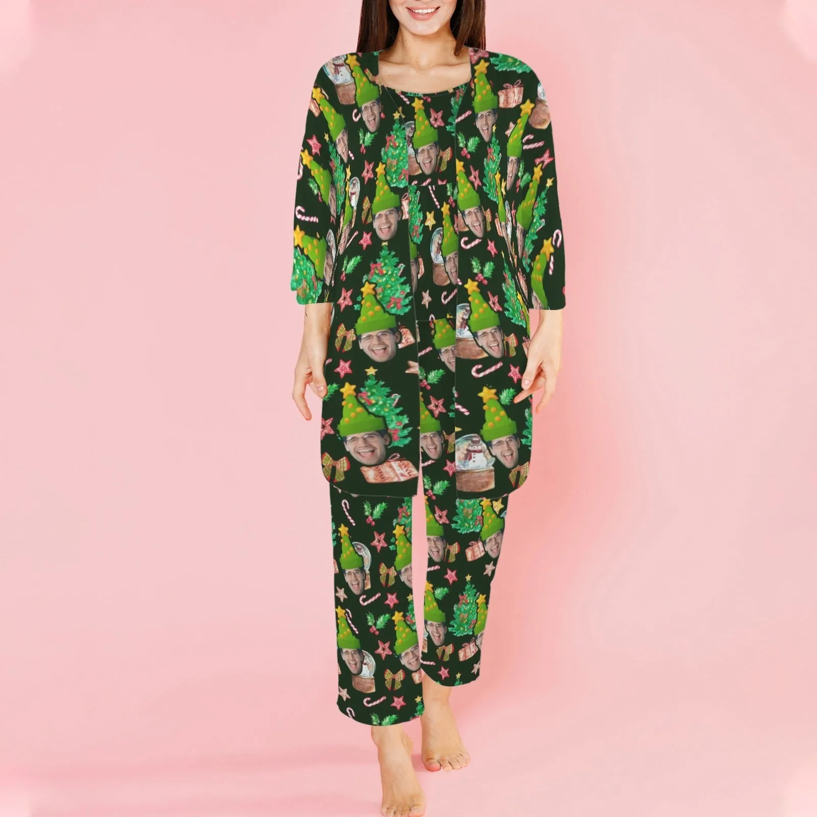 Custom Face Christmas Gift Green Satin Women's Three-Piece Pocket Cami Pajama Robe Set