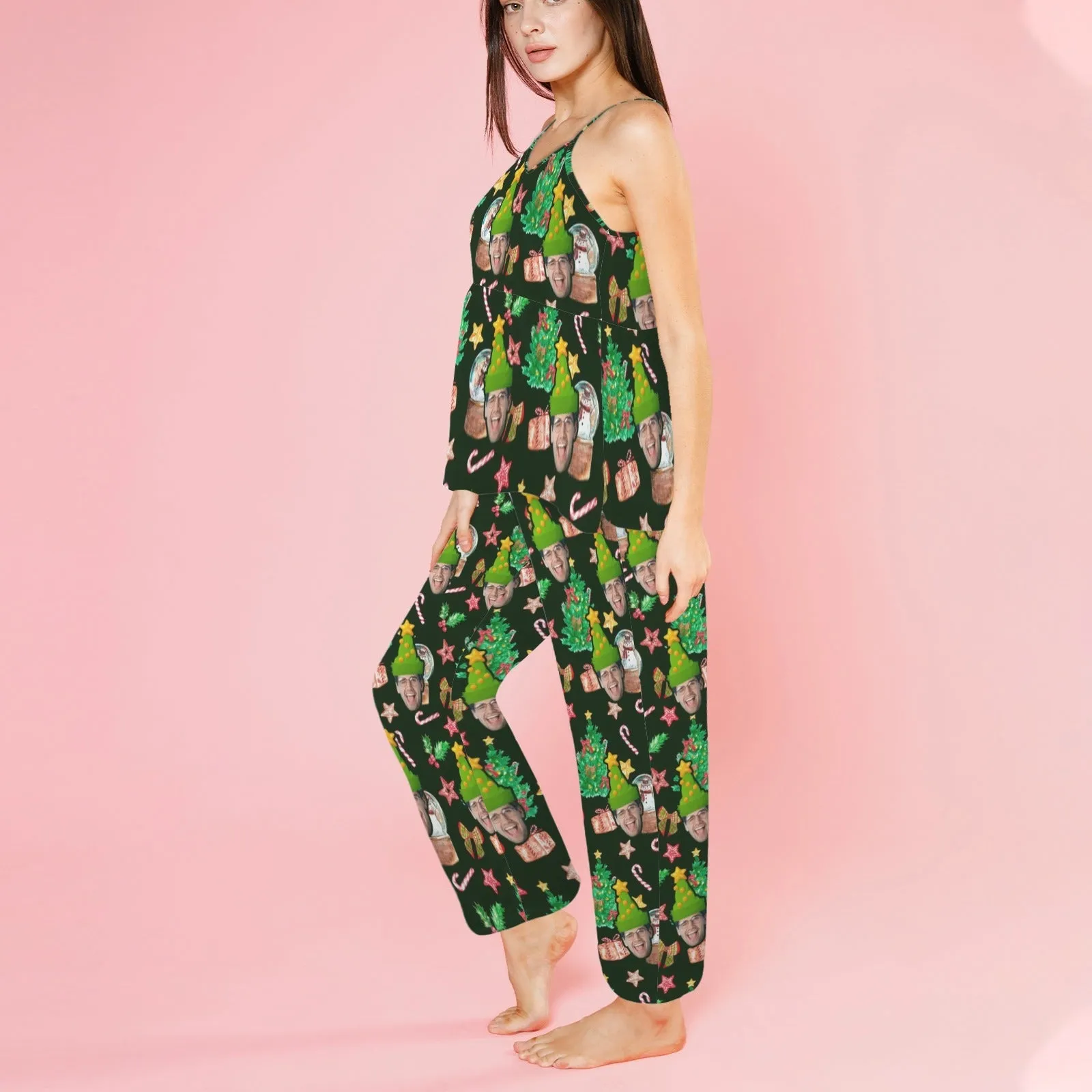 Custom Face Christmas Gift Green Satin Women's Three-Piece Pocket Cami Pajama Robe Set