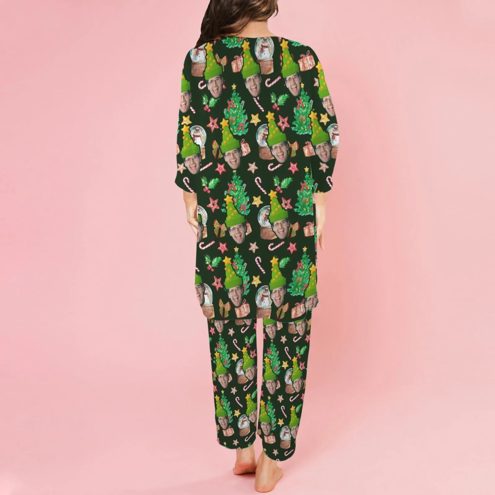 Custom Face Christmas Gift Green Satin Women's Three-Piece Pocket Cami Pajama Robe Set