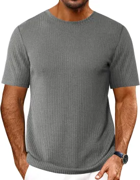 Ekouaer Men's Knit T-Shirts Short Sleeve Casual Ribbed Shirts Lightweight Crewneck Tees Stretchy Undershirts S-XXL