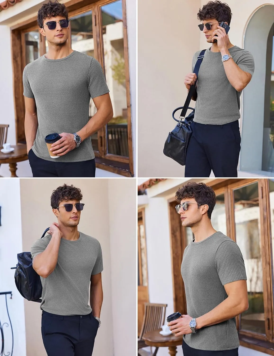 Ekouaer Men's Knit T-Shirts Short Sleeve Casual Ribbed Shirts Lightweight Crewneck Tees Stretchy Undershirts S-XXL