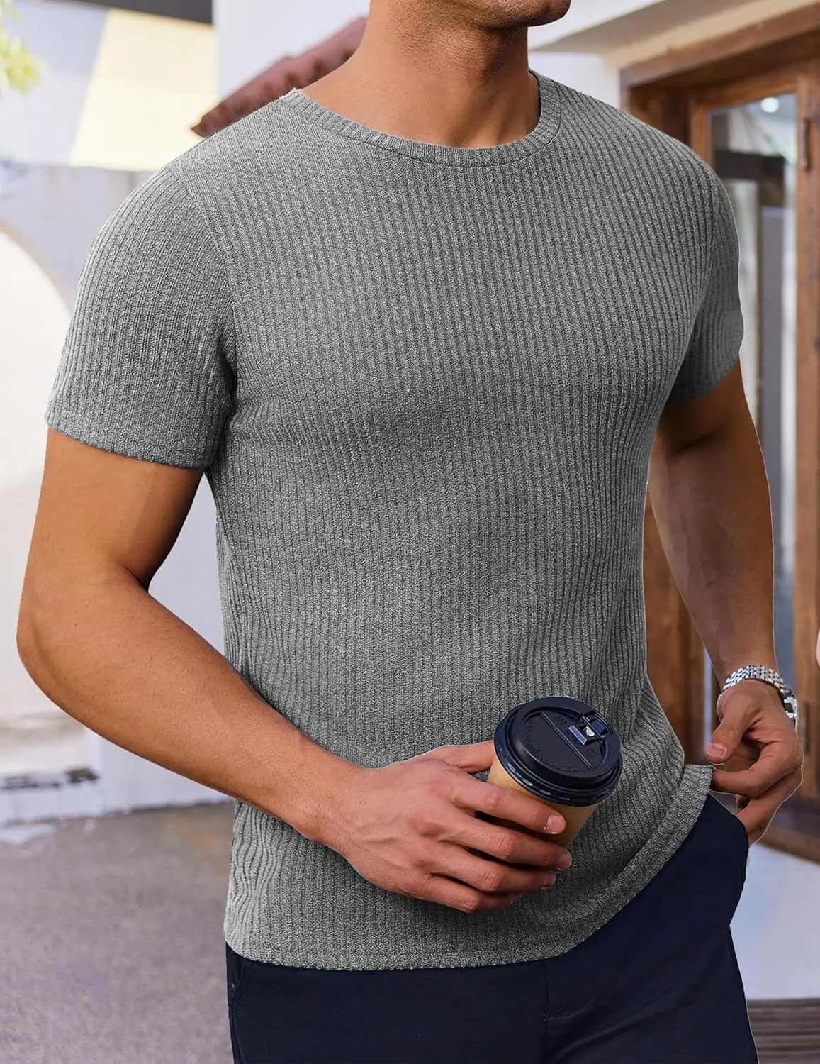 Ekouaer Men's Knit T-Shirts Short Sleeve Casual Ribbed Shirts Lightweight Crewneck Tees Stretchy Undershirts S-XXL