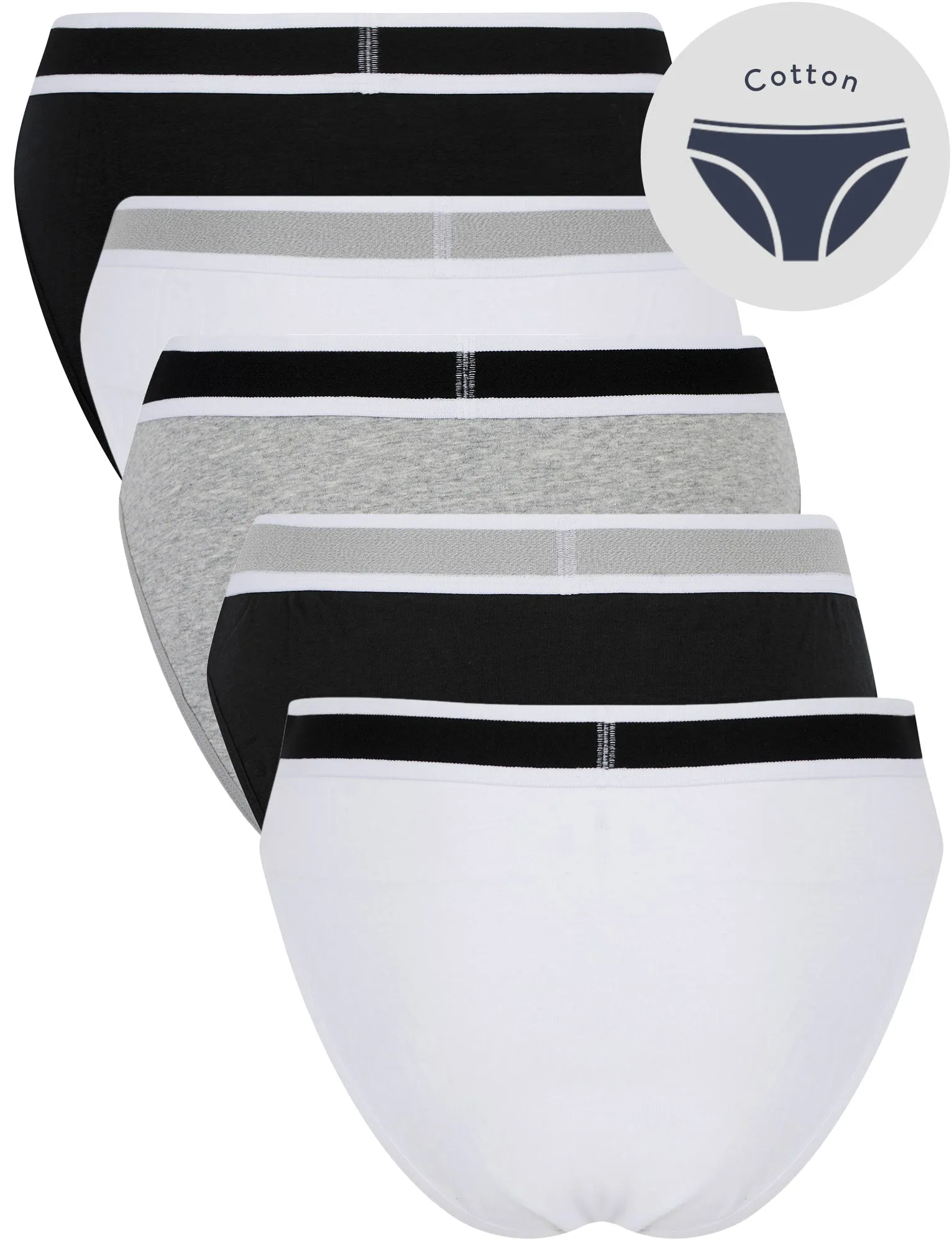 Fran (5 Pack) Cotton Assorted Briefs in Bright White / Jet Black / Light Grey Marl - Tokyo Laundry
