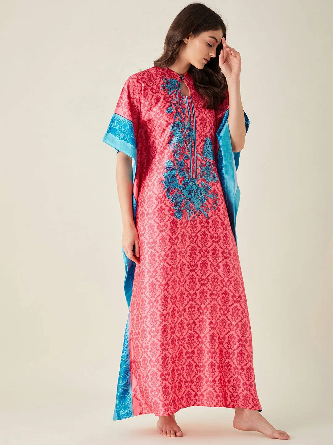 Fuschia Fusion Floral Printed Satin Kaftan - The Kaftan Company