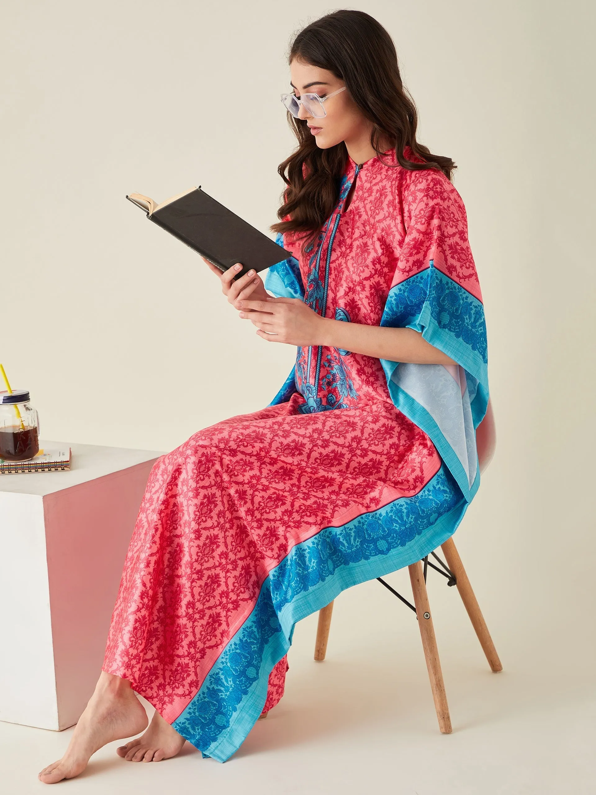 Fuschia Fusion Floral Printed Satin Kaftan - The Kaftan Company