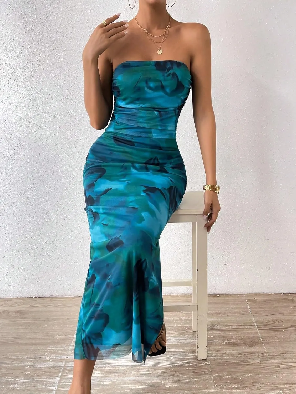 GORGLITTER Women's Floral Strapless Bodycon Wedding Guest Dress Vacation Summer Birthday Tropical Maxi Long Sun Dresses