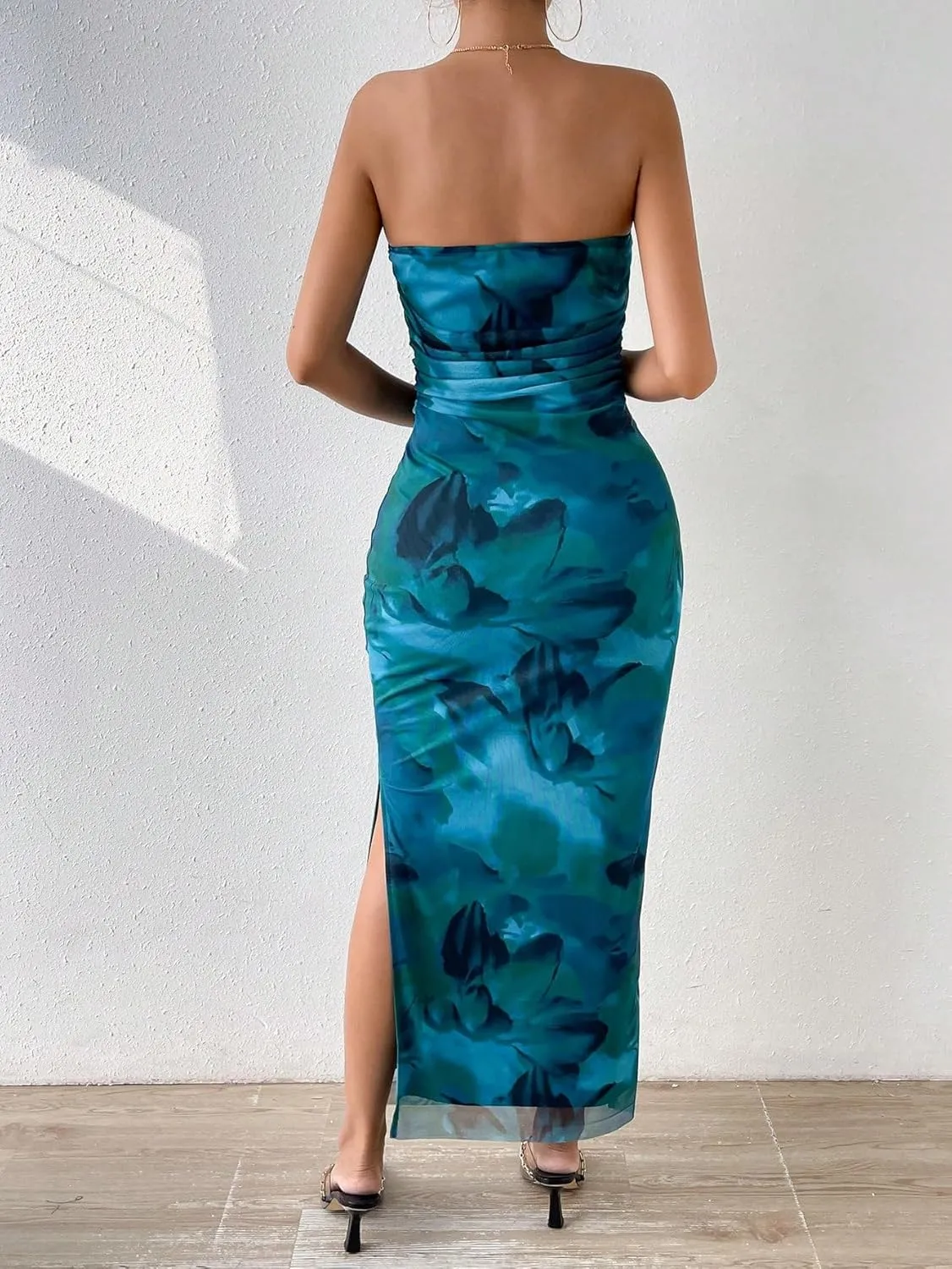 GORGLITTER Women's Floral Strapless Bodycon Wedding Guest Dress Vacation Summer Birthday Tropical Maxi Long Sun Dresses