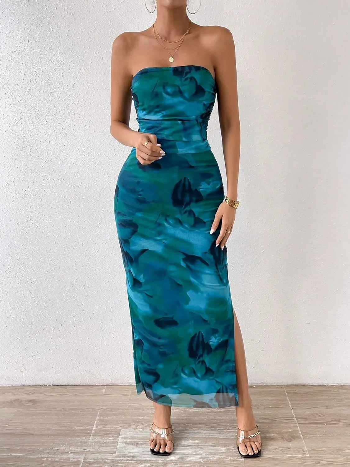 GORGLITTER Women's Floral Strapless Bodycon Wedding Guest Dress Vacation Summer Birthday Tropical Maxi Long Sun Dresses