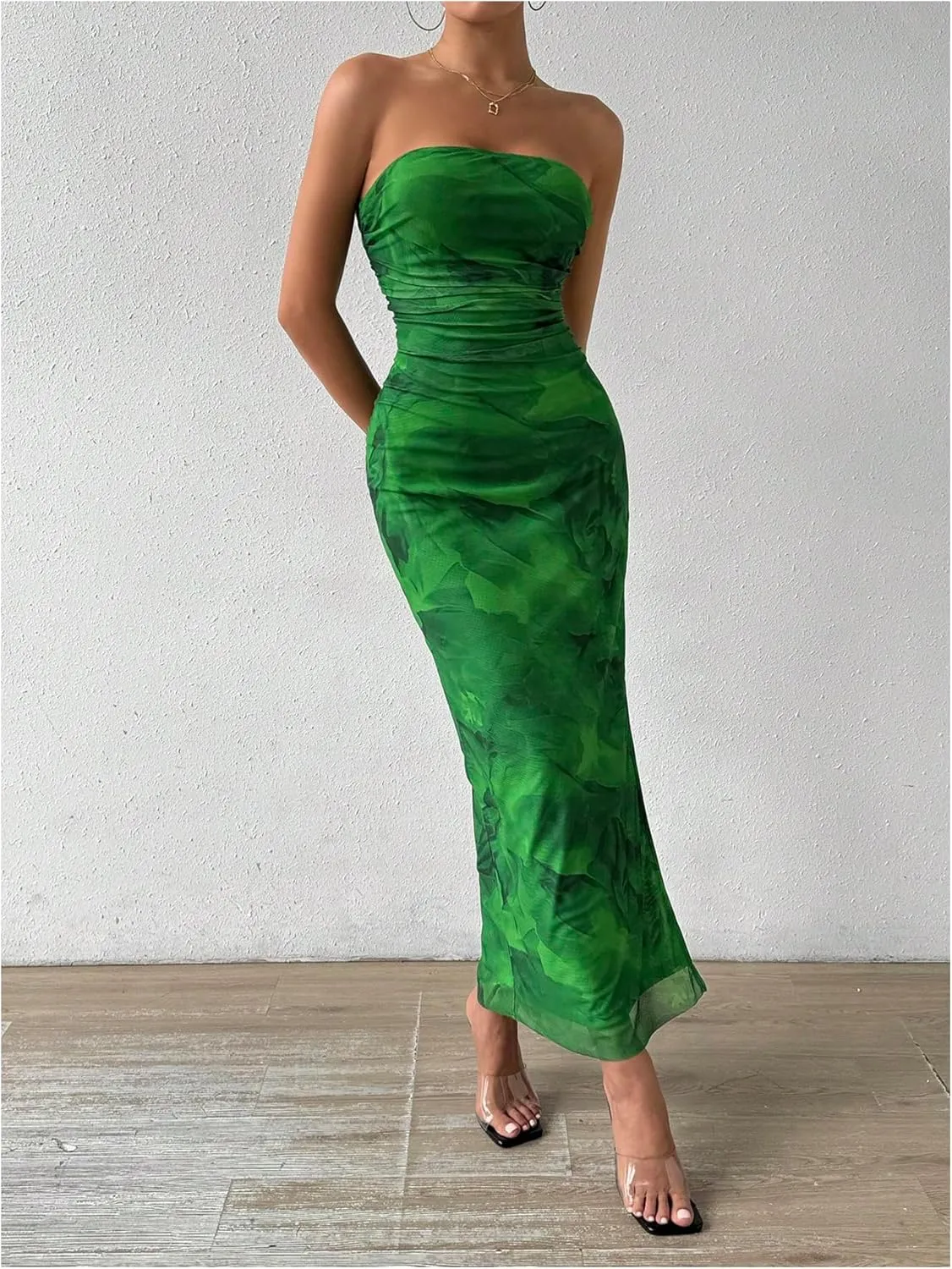 GORGLITTER Women's Floral Strapless Bodycon Wedding Guest Dress Vacation Summer Birthday Tropical Maxi Long Sun Dresses