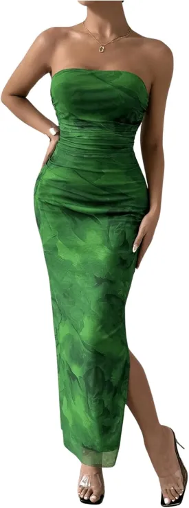 GORGLITTER Women's Floral Strapless Bodycon Wedding Guest Dress Vacation Summer Birthday Tropical Maxi Long Sun Dresses