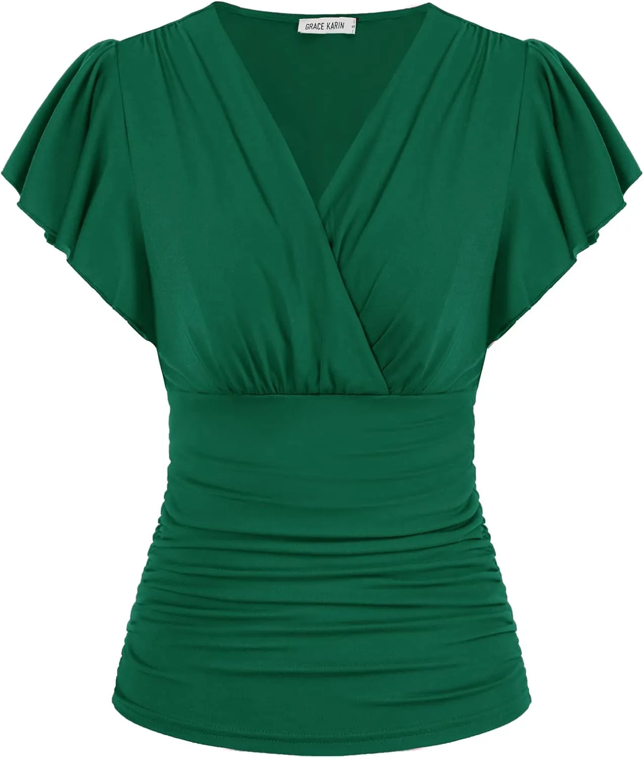 GRACE KARIN 2025 Womens Tops Summer Wrap Blouse V Neck Ruffle Sleeve Dressy Casual Top Ruched Trendy Clothes