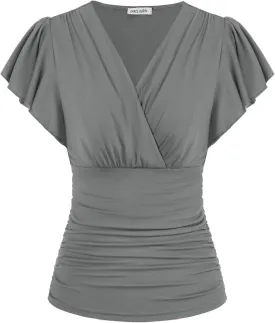 GRACE KARIN 2025 Womens Tops Summer Wrap Blouse V Neck Ruffle Sleeve Dressy Casual Top Ruched Trendy Clothes