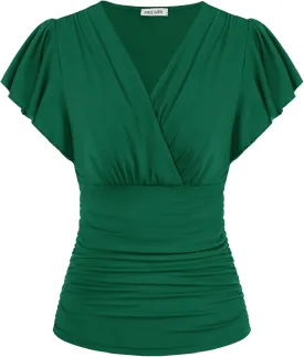 GRACE KARIN 2025 Womens Tops Summer Wrap Blouse V Neck Ruffle Sleeve Dressy Casual Top Ruched Trendy Clothes