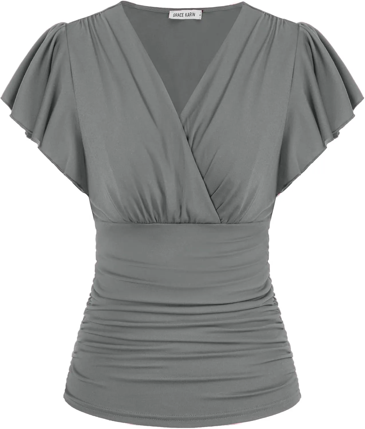 GRACE KARIN 2025 Womens Tops Summer Wrap Blouse V Neck Ruffle Sleeve Dressy Casual Top Ruched Trendy Clothes
