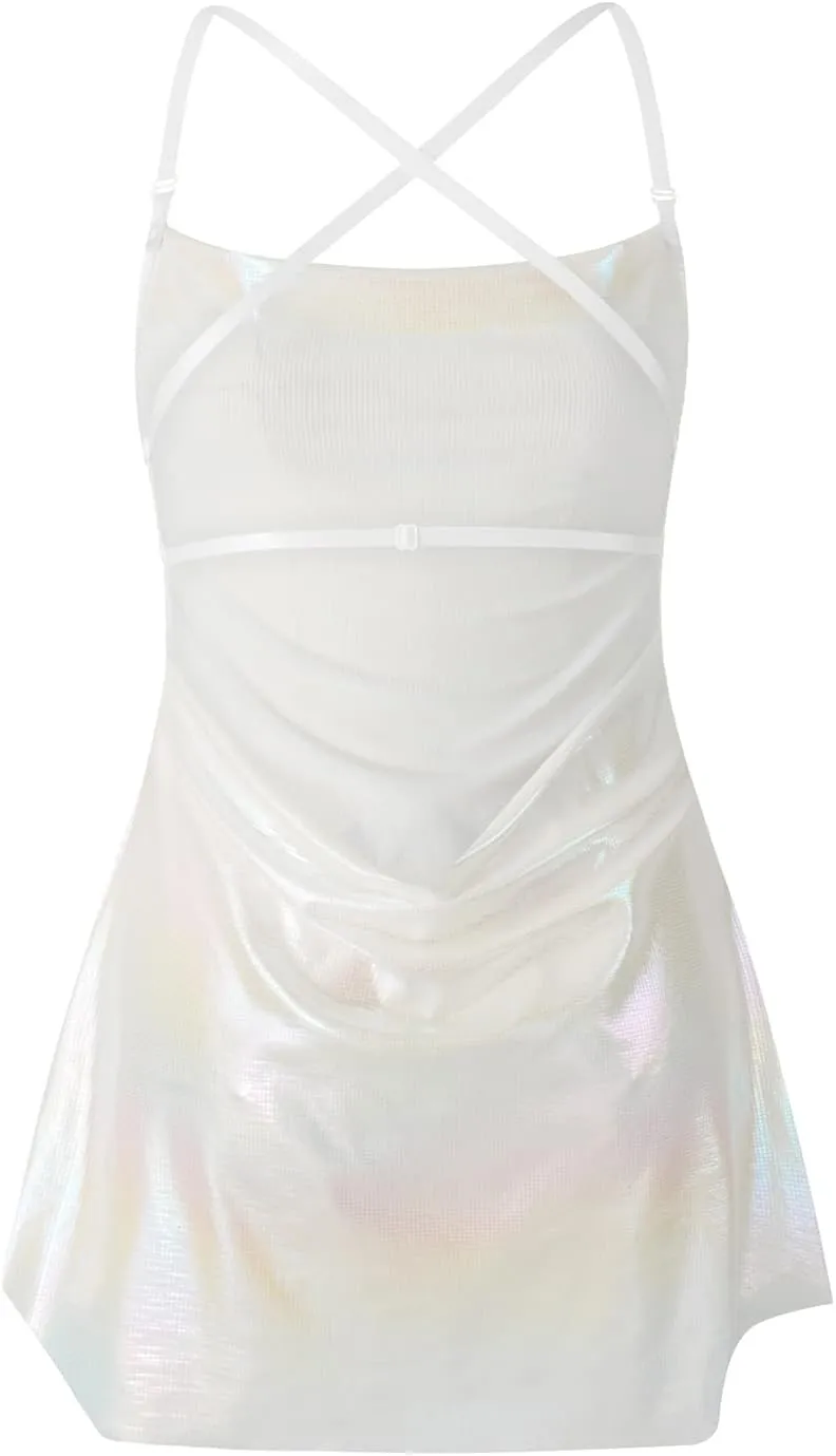 HengShunRui Women Shiny Backless Slip Dress Spaghetti Strap Party Dresses