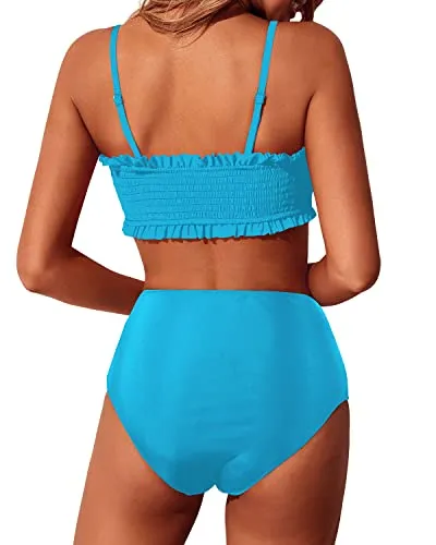 High Cut Women's Bandeau Bikini Set Off Shoulder Smocked Swimsuit-Blue