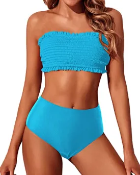 High Cut Women's Bandeau Bikini Set Off Shoulder Smocked Swimsuit-Blue